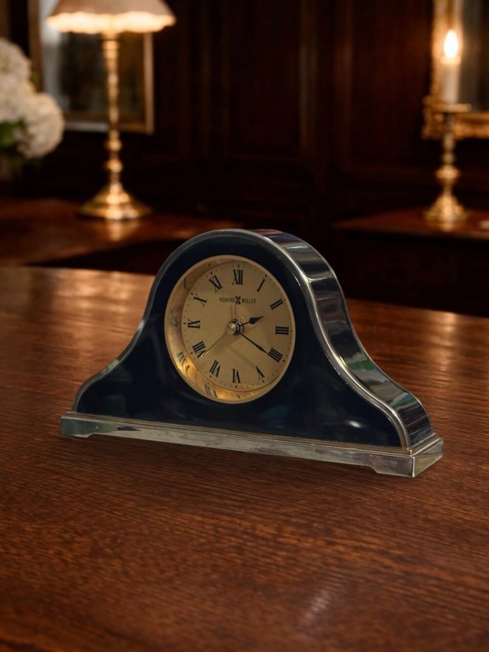 Howard Miller Desk or Bedside Alarm Clock With Brass Details & Roman Numerals - - Picture 2 of 5